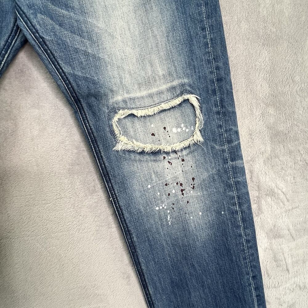 AKOO Jeans Mens 40/34 Blue Paint Splatter Distressed No Rivals Patch Big Oak Fit - Picture 3 of 16